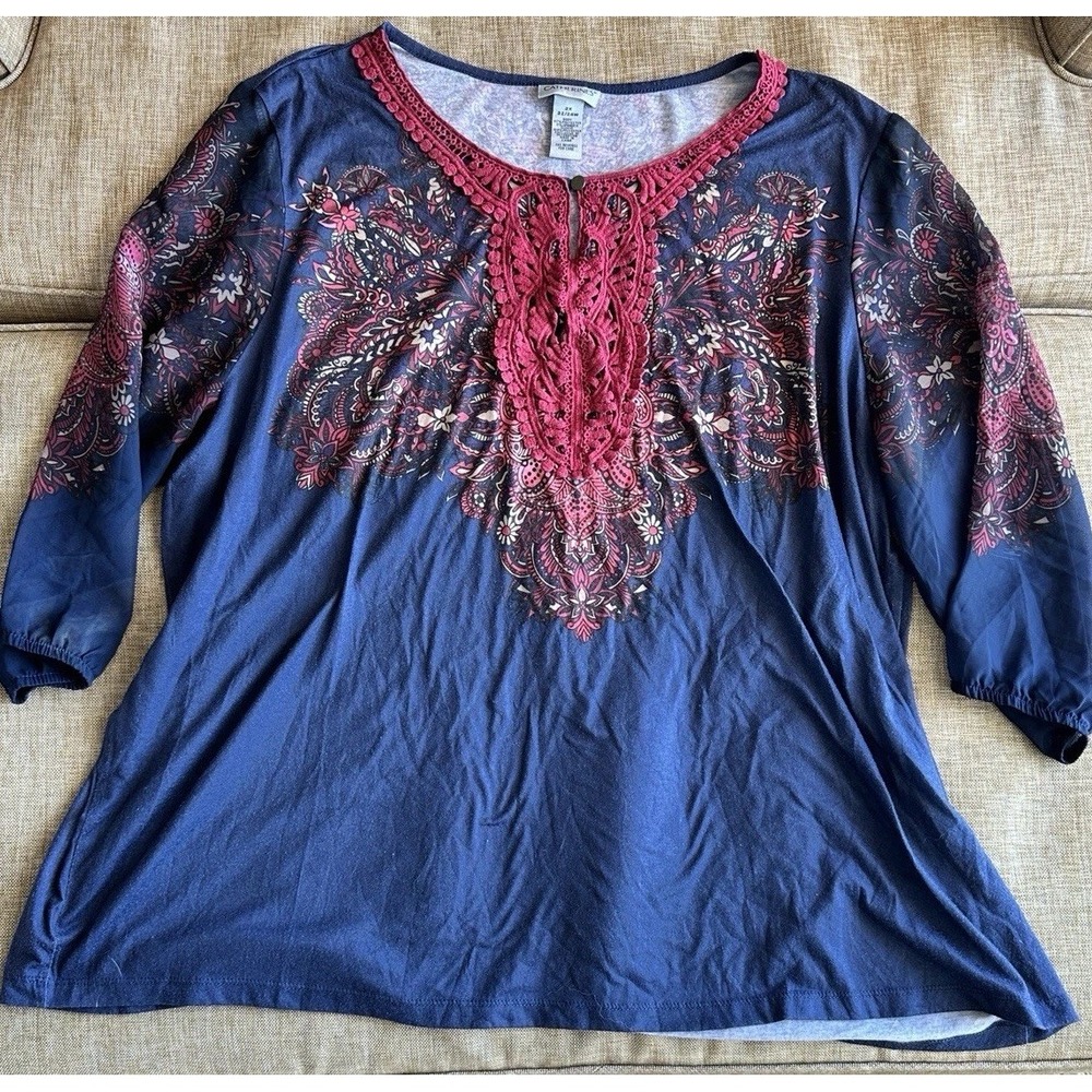 SOLDCatherine's Blouse Top Tunic Front Red Stitching Embroidery 3/4 Sleeve Arts